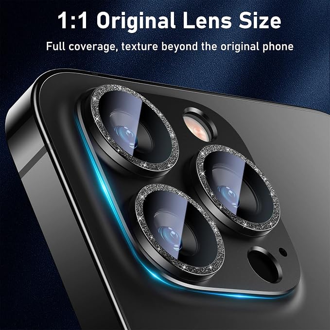 UniqueMe for iPhone 13 Pro/iPhone 13 Pro Max Camera Lens Protector, [Strong Drop Protection] Metal Ring Tempered Glass Rear Camera Screen Cover - Bling Cicrle, Black