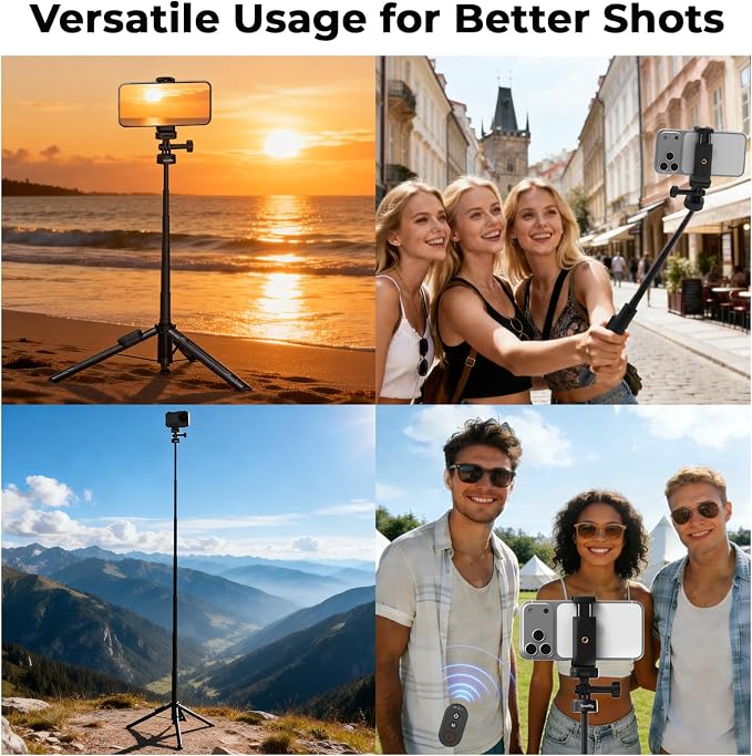 SmallRig 59" Selfie Stick Tripod with Remote & Phone Clamp, Extendable Tripod Stand for DJI Osmo Action 6/5 Pro/4, for GoPro Hero 13/12/11, for Insta360 X5/X4, for iPhone 16/15/14, for Android - 5464