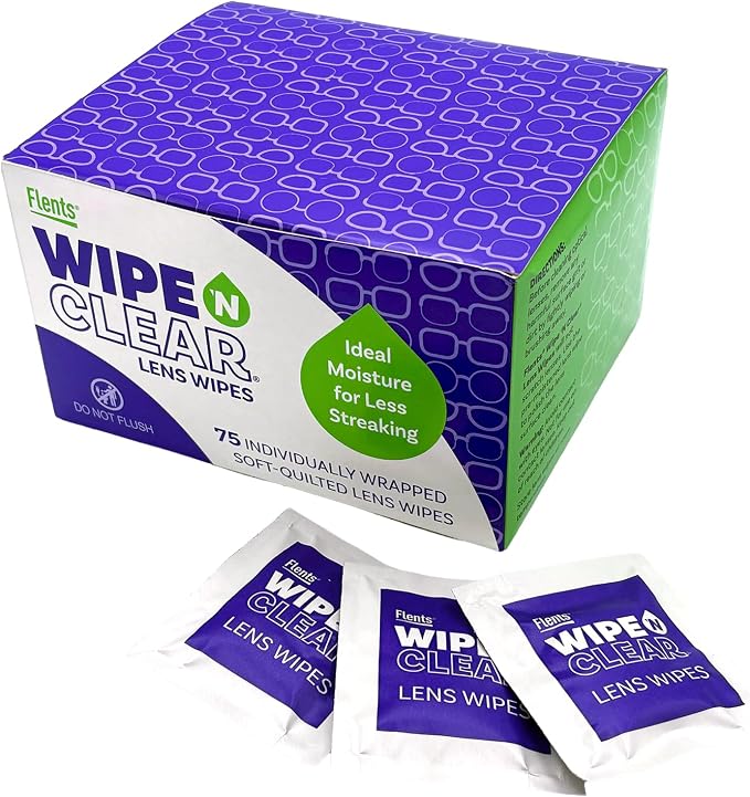 Flents Glasses Cleaner Wipes, 75 Count, Eyeglass Cleaning Wipes, Pre-Moistened, Individually Wrapped, Smudge & Streak-Free Lens Wipes for Glasses & Sunglasses, Safe for AR Coated Lenses
