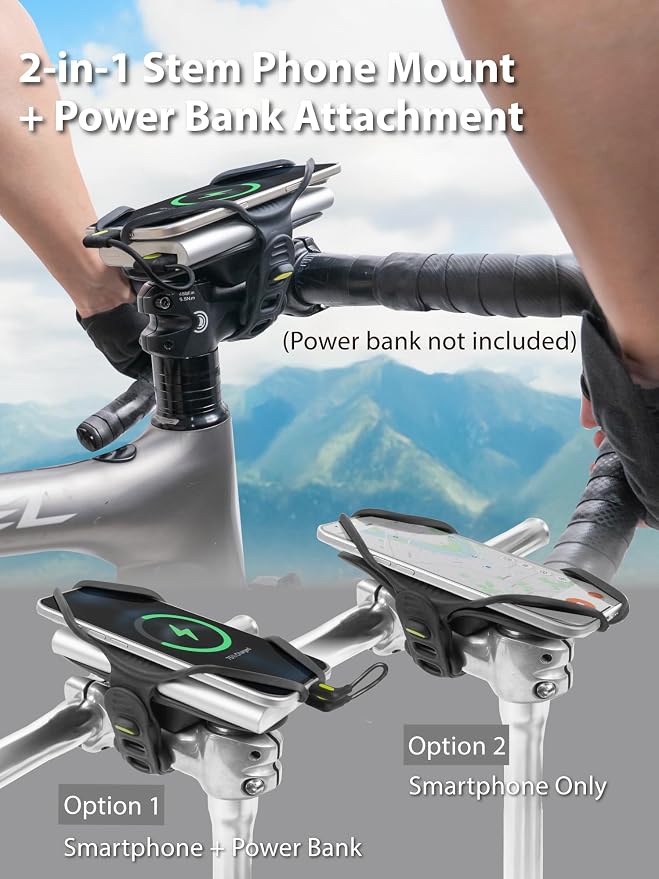 Bone Bike Tie 6 Pro-Pack, 2-in-1 Bike Phone and Charger Mount for Stem, Scratch-Free & Shock-Absorbing Silicone with Dual-Strap Protection, Cycling Holder for 4.7"–7.2" Smartphones and Power Banks