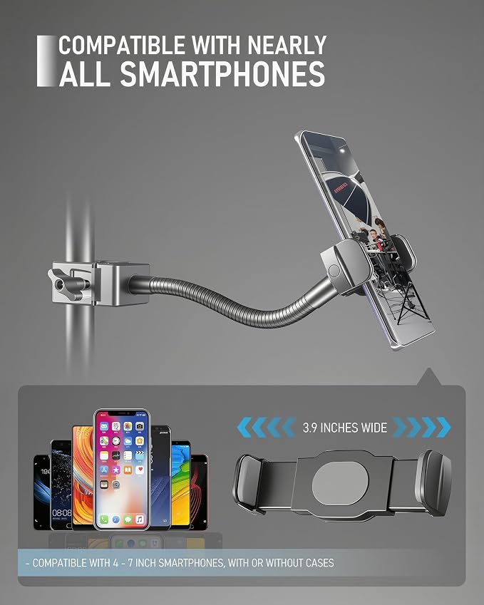 KBC1417 Mic Stand Phone Holder, Heavy-Duty Gooseneck Phone Holder with Super Clamp & Universal Phone Mount, Adjustable 360° Flexible Arm Clip for Mic Stand, Music Stand, Tripod, 9-INCH