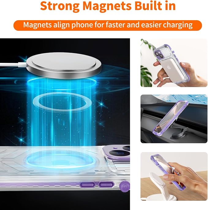 for iPhone 15 Waterproof Case Compatible with MagSafe, Translucent Slim IP68 Underwater Built-in Screen Protector, 12FT Military Grade, 360 Full Body Protective Cover 6.1 inch (Purple)