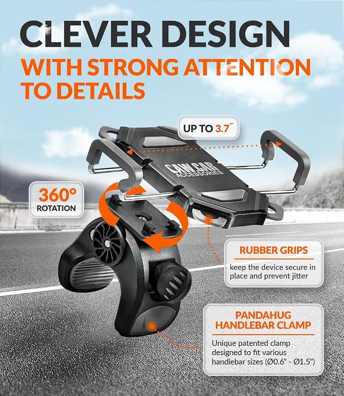 CAW.CAR Accessories Bike & Motorcycle Phone Mount - for iPhone 17 (16, Xr, SE, Plus/Max) or Any Cell Phone - Universal Handlebar Holder for ATV, Bicycle or Motorbike. +100 to Safeness & Comfort