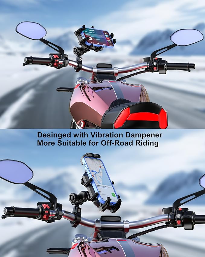 BRCOVAN Anti-Theft Motorcycle Phone Mount Holder with Vibration Dampener & Secure Lock, Adjustable Handlebar Cellphone Clamp for Bike Bicycle Scooter ATV, Fit 5.4-7.2'' Smartphone, Big Phone Friendly