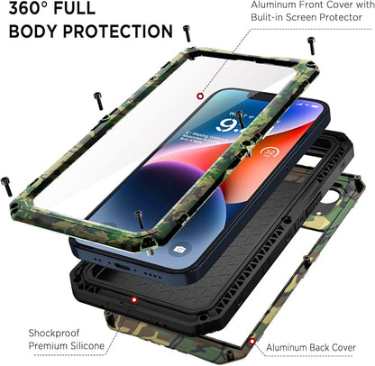Beasyjoy for iPhone 14 Plus Case, IP68 Waterproof Metal Heavy Duty Defender Case with Built-in Screen Protector, Military Grade Full Body Protective Defender Shockproof Rugged Cover 6.7 Inch, Camo