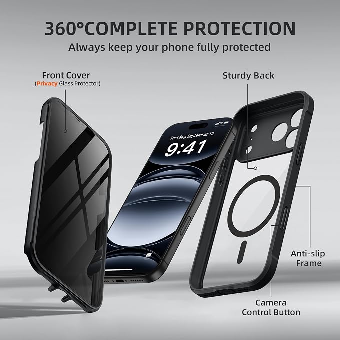 BERFY for iPhone 17 Pro Max Case, Compatible with MagSafe, Built-in Privacy Screen Protector, Camera Protection, Shockproof Full Body Phone Case 6.9", Clear Black