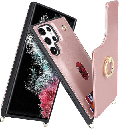 Lipvina for Samsung Galaxy S22 Ultra Case with Card Holder and Strap for Women,Crossbody Lanyard,RFID Blocking,Ring Stand,Snap Clasp,Phone Wallet Cases 6.8 inch(Rose Gold)