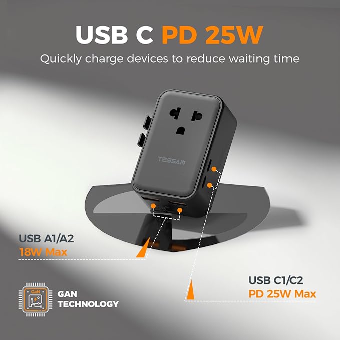TESSAN International Power Adapter PD 25W, Black | Ultra Thin Universal Travel Adapter, 2 USB A 2 USB C, US to European UK Australia Ireland, Type C G A I