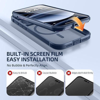 BERFY for iPhone 17 Pro Case, Compatible with MagSafe, Built-in Glass Screen Protector, Camera Protection, Shockproof Full Body Phone case 6.3", Clear Deep Blue