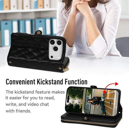 Rssviss Crossbody Case for iPhone 17 Pro Case Wallet, RFID Blocking Leather with Card Holder Kickstand, Handbag Zipper Flip Cover with Wrist Strap for iPhone 17 Pro Men Women 6.3", Black