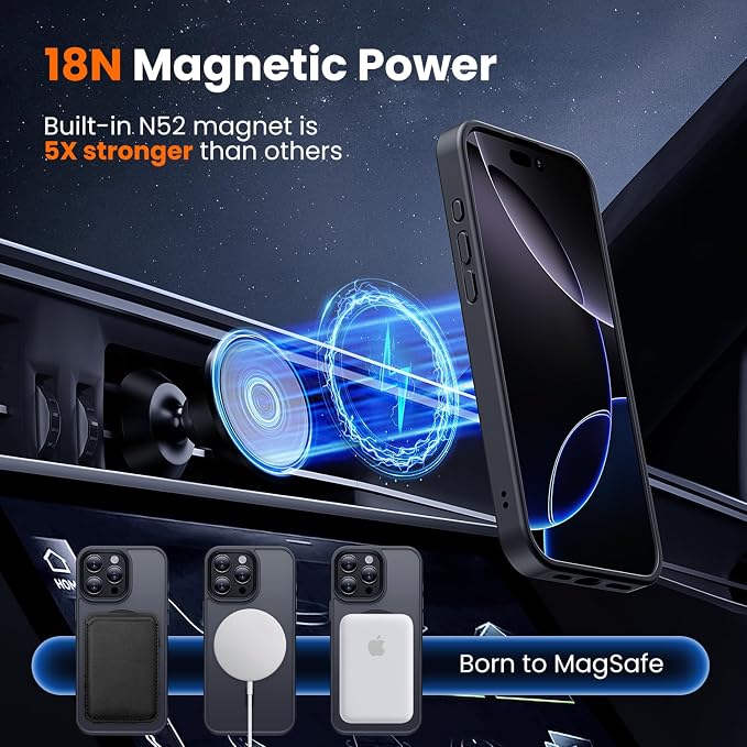 Case for iPhone 16 Pro Matte Black | 3 in 1, with MagSafe, Screen Protector*1, Camera Lens Protector*1, Skin Feeling Back Cover, Military-Grade Protection