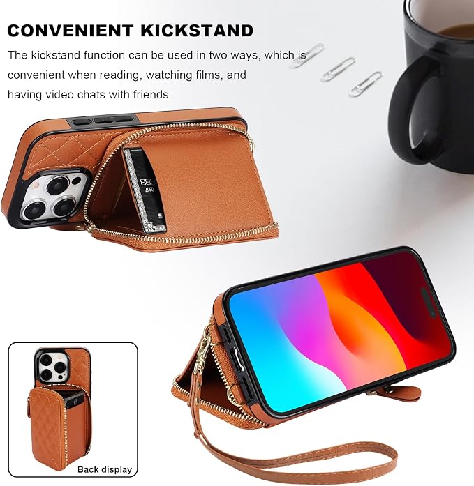 Bocasal Crossbody Wallet Case for iPhone 15 Pro, RFID Blocking PU Leather Zipper Handbag Purse Flip Cover, Kickstand Folio Case with Card Slots Holder Wrist Strap Lanyard 5G 6.1 Inch (Brown)