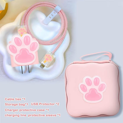 CameCosy Phone Charger Storage Case Cover Sets with Cable Protector for iPhone Charger, Wave Travel Storage Bag, Cord Wire Saver Cable Organizer Soft DIY Charger Protector (Pink Cat Claw)