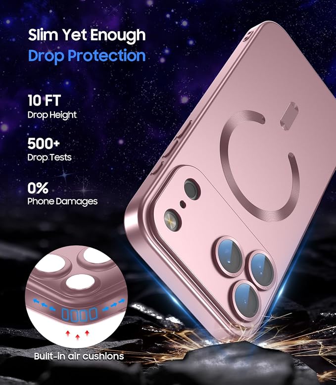 Magnetic for iPhone 17 Pro Max Case, Compatible with MagSafe, Built-in Camera Lens Protector, Slim Thin Soft Silicone Bumper Shockproof Metallic Luster Phone Case, Rose Gold