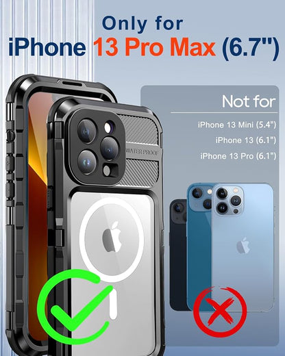 WIFORT for iPhone 13 Pro Max Waterproof Case, Metal Heavy Duty Phone Case Built-in Screen Protector IP68 Water Proof 15FT Military Grade Shockproof, Full Body Drop Protection Cover, 6.7" Black