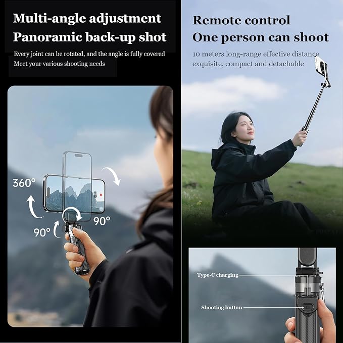 Magnetic Pocket Selfie Stick, 4-in-1 Magnetic Selfie Stick for iPhone with Rechargeable Remote, Portable Extendable Tripod Stand for Home, Travel, Vlogging & Video Recording (Black)
