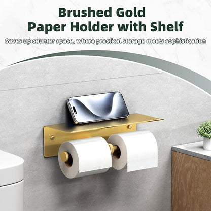 APLusee Brushed Gold Double Toilet Paper Holder with Shelf, Heavy Duty 304 Stainless Steel Tissue Roll Holder, Commercial Paper Dispenser Wall Mounted