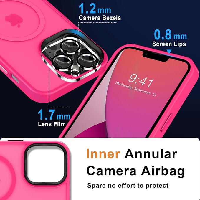 MOCCA Strong Magnetic for iPhone 13 Pro Max Case,[Compatible with Magsafe][Glass Screen Protector+Camera Lens Protector] Slim Thin Shockproof Cover Phone Case for iPhone 13 Pro Max 6.7", Hot Pink