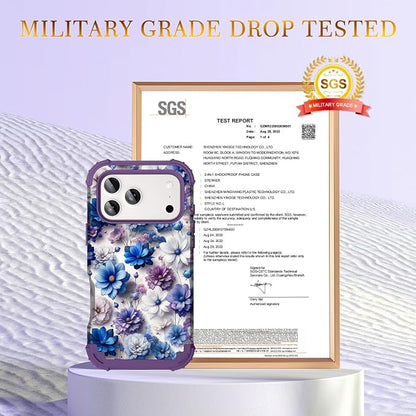 Hocase for iPhone 17 Pro Case 6.3", Heavy Duty Shockproof Protection Soft Silicone Rubber+Hard Plastic Bumpers Hybrid Protective Case for iPhone 17 Pro 2025 - Blue Purple Flowers