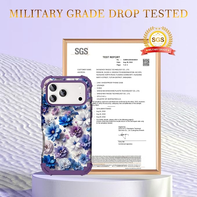 Hocase for iPhone 17 Pro Max Case, Heavy Duty Shockproof Protection Soft Silicone Rubber+Hard Plastic Bumpers Hybrid Protective Case for iPhone 17 Pro Max 2025 - Blue Purple Flowers