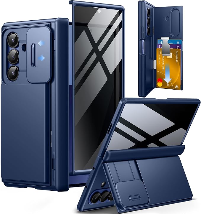 TONGATE Wallet for Z Fold 7 Case with Privacy Screen Protector, [4-Card Holder][Anti Spy] Built-in Large Stand & Slide Camera Cover Z7 Shockproof Phone Case for Samsung Galaxy Z Fold 7 2025 8", Blue