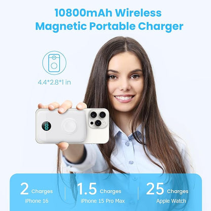 Magnetic Portable Charger with Apple-Watch Charger,10800mAh 25W PD Fast Charging Wireless Power Bank,4 Outputs Travel Essential Battery Pack for iPhone 17/17 Pro Max/16/15/14/13/12 All Series (White)