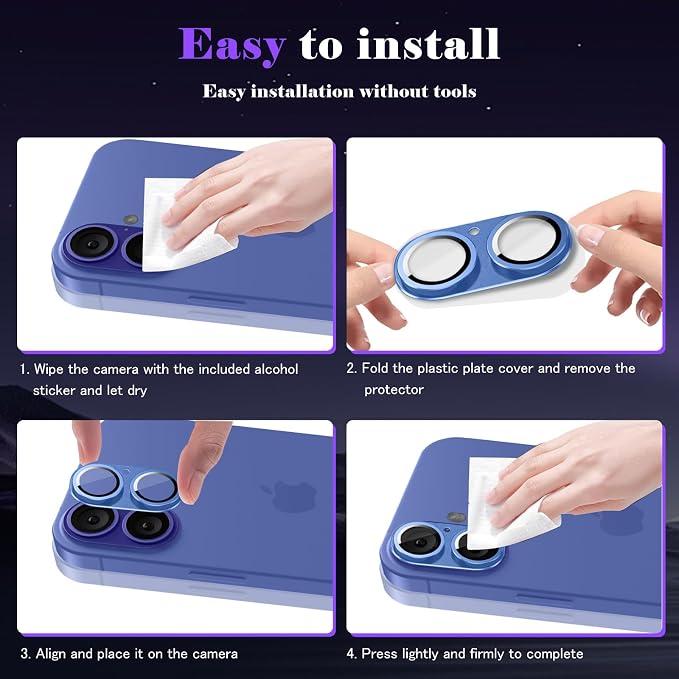 Camera Lens Protector for iPhone 16 / iPhone 16 Plus Camera Lens Protector [Strong Adsorption] [Not Easy to Break] Metal Tempered Glass Rear Camera Screen Cover - Blue
