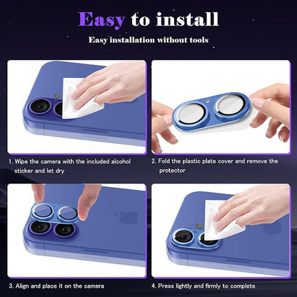 Camera Lens Protector for iPhone 16 / iPhone 16 Plus Camera Lens Protector [Strong Adsorption] [Not Easy to Break] Metal Tempered Glass Rear Camera Screen Cover - Blue