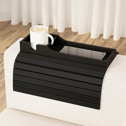 SpaceAid Bamboo Couch Cup Holder, Anti Falling Foldable Sofa Armrest Tray with Cup Holder, Couch Arm Side Table Organizer for Drink Cup Remote Snacks (Black)