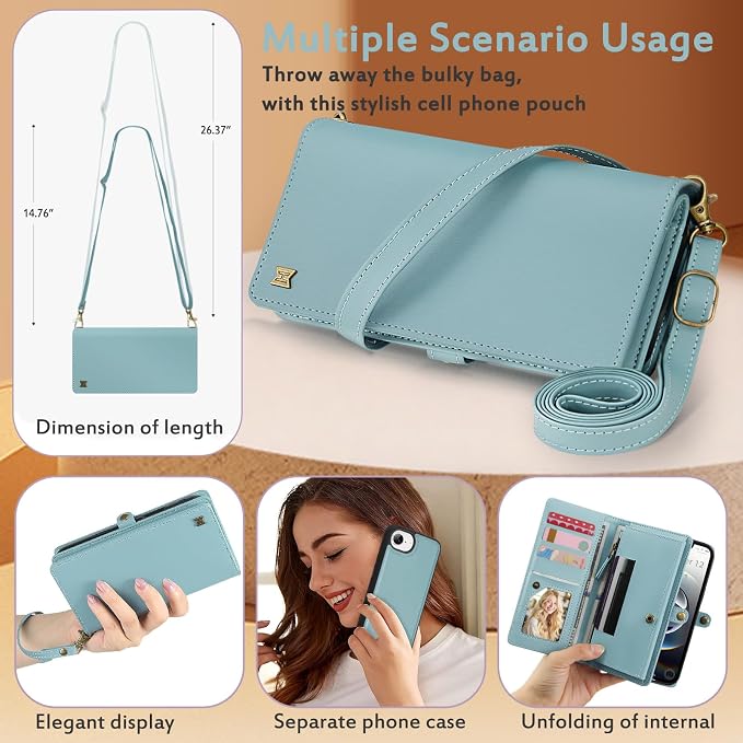 for Wallet Case Compatible with iPhone 16e / 17e ,Multi-Function Detachable 2 in 1 Magnetic iPhone 16e / 17e Case Wallet,Flip Strap Zipper Card Holder Phone Case with Shoulder Straps (Blue)