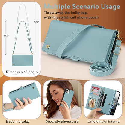 for Wallet Case Compatible with iPhone 16e / 17e ,Multi-Function Detachable 2 in 1 Magnetic iPhone 16e / 17e Case Wallet,Flip Strap Zipper Card Holder Phone Case with Shoulder Straps (Blue)