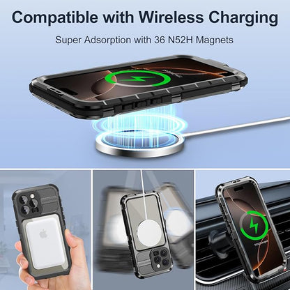 WIFORT for iPhone 16 Pro Max Waterproof Case - Metal Heavy Duty [Built-in Screen Protector] [14FT Military Shockproof] [Fit for MagSafe], IP68 Full Body Rugged Water Proof Magnetic Cover, 6.9" Black