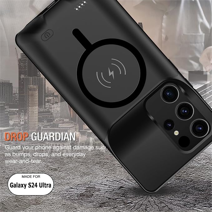 Wireless Charging Case for Galaxy S24 Ultra, Upgraded 12000mAh Rechargeable Portable Charging Case Compatible with Galaxy S24 Ultra (6.8 inch) with Carplay Extended Battery Pack Charger Case (Black)