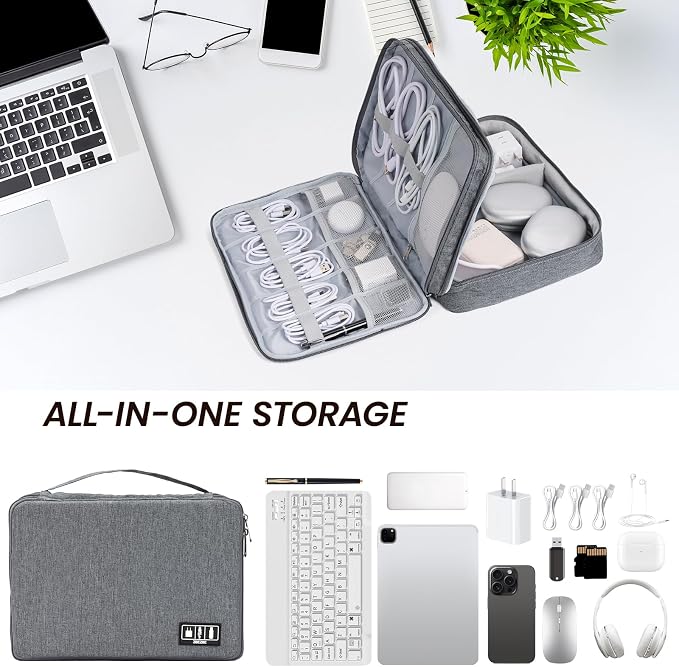 Large Electronic Organizer Travel Case, Double Layer Tech Pouch with Adjustable Dividers, Cable Organizer Bag for Charger, Power Bank, Hard Drive, Camera Gear and Travel Accessories