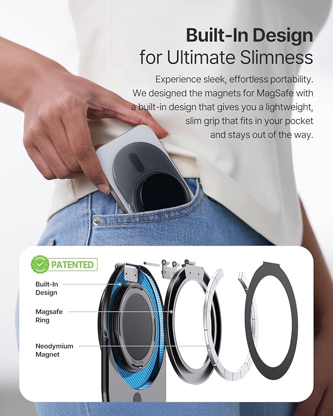 Sinjimoru Phone Grip Stand, Compatible with MagSafe, Adaptor Ring Included, 3000G Kickstand for iPhone 17/16/15/14/13. M-Tap Tok Stand Clear Black