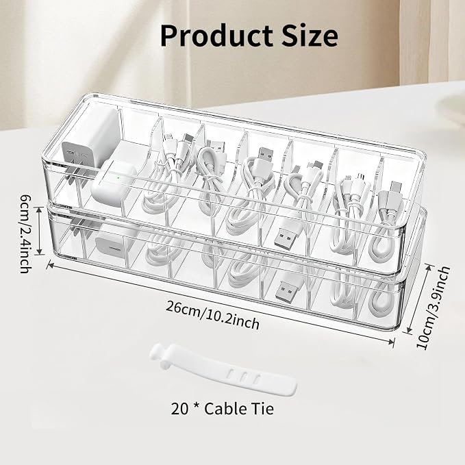 Cable Organizer Storage Box with Lid - Clear Phone Charger Cord Organizer Case - Cables Wire Management Box with Adjustable Compartments 10 Wire Ties for Drawer Desk Office Home Accessories(1 pack)