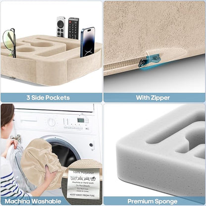 Couch Cup Holder Pillow, Sofa and Bed Caddy for iPad, Kindle, Switch, Game Controller, Remotes, Phones, Small-Sized Cup and Drink Holder for Couch, Bed, Desk, Car, Beach, Bathroom Cup Holder, Khaki