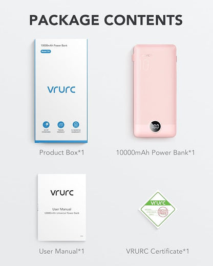 VRURC Portable Charger, Power Bank Built-in Cables and AC Wall Plug | USB C Power Bank 10000mAh Travel Essentials Phone Charger Compact External Battery Pack For Smart Phones, Tablets etc-Pink