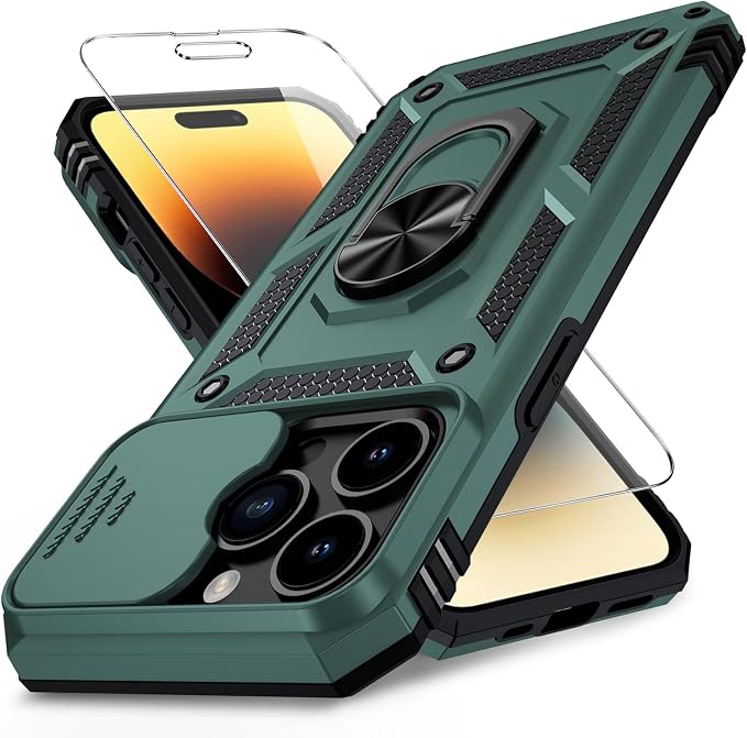 Vinve for iPhone 14 Pro Max Case with Slide Lens Cover HD Screen Protector, Military Grade Drop Protection, Magnetic Rotated Ring Holder Kickstand Protective Phone Case (Pine Green)