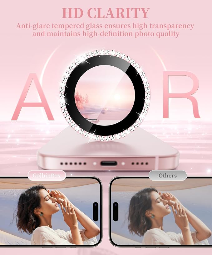 GolbinBox Camera Lens Protector for iPhone 15/15 Plus, 1:1 Invisible Fit, 9H Tempered Glass Ultra HD Metal Individual Camera Cover for Women, Case Friendly, Bling/Pink