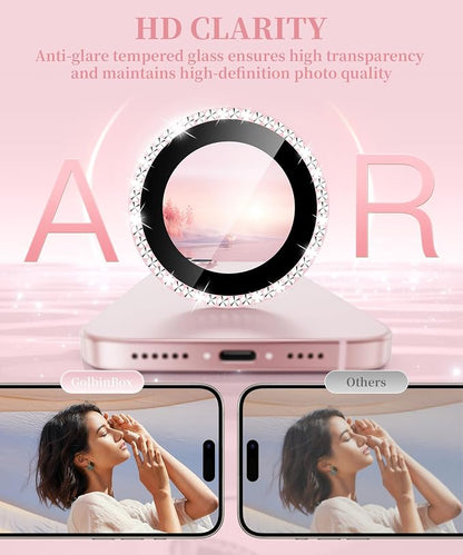 GolbinBox Camera Lens Protector for iPhone 15/15 Plus, 1:1 Invisible Fit, 9H Tempered Glass Ultra HD Metal Individual Camera Cover for Women, Case Friendly, Bling/Pink