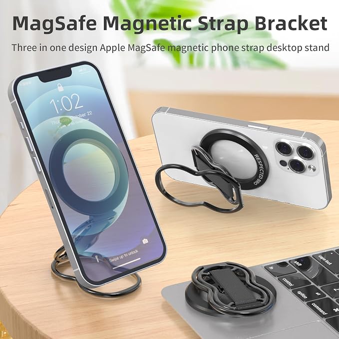 RESPECTED-BRO-Magnetic-Phone-Grip-Stand-with-Finger-Strap, 4-in-1 Magnetic Ring Holder, Kickstand and Elastic Strap for Phones, Universal Fit for iPhone 17/16/15/14/13/12, Android, and Cases (Black)