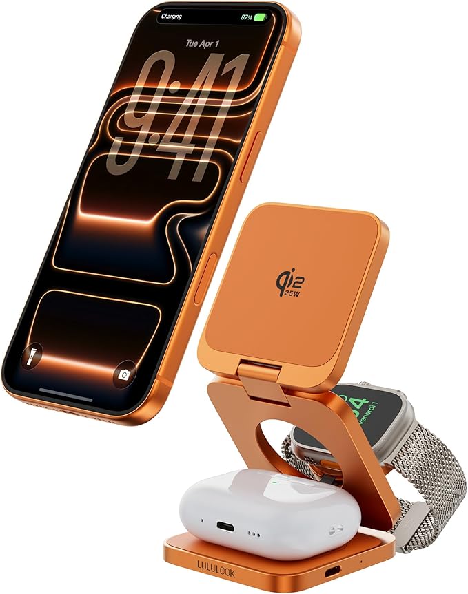 3 in 1 Charging Station for Apple - Qi2.2 25W Magnetic Wireless Charger for iPhone 17/16-12, Apple Watch, AirPods, Travel Fast Charging Foldable Stand with 45W GaN Adapter, Aluminum Alloy Design