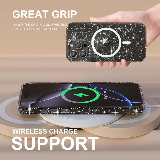 Choiche for iPhone 16 Pro Max Case Magnetic, Women Clear Glitter Bling Sparkly Case, [3xDiamond Camera Lens Protectors] [2xTempered Glass Screen Protectors] [Compatible MagSafe] 6.9"(Glitter Black)