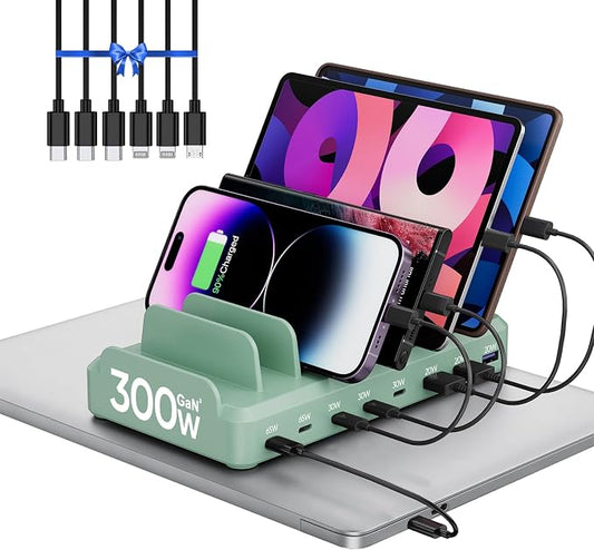 300W Charging Station for Multiple Devices, 8 Port Multi USB C Fast Charger Station Dock for MacBook iPhone 16/15/14/13/12 Samsung Pixel Series iPad, Green (6 Mixed Short Cables Included)