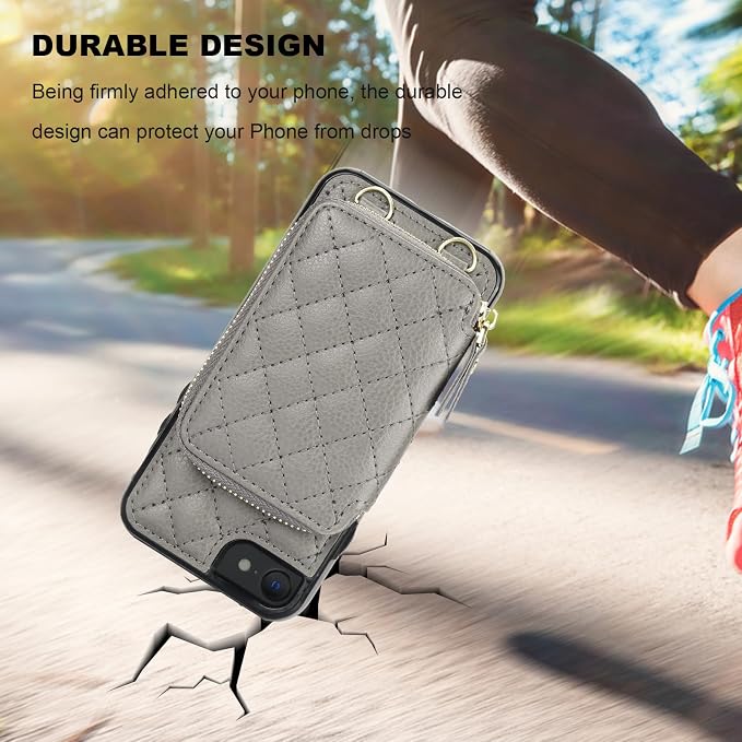 Bocasal Crossbody Wallet Case for iPhone SE 2022/SE 2020/8/7, RFID Blocking PU Leather Zipper Handbag Purse Flip Cover, Kickstand Folio Case with Card Slots Holder Wrist Strap Lanyard 4.7 Inch (Grey)