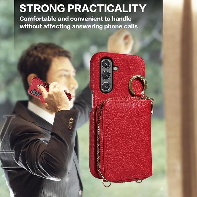 Wallet Case for Samsung Galaxy A54 5G with Shoulder Strap Ring Buckle, Luxury PU Leather Zipper Flip Organ Purse, Card Holder Stand Full Body Phone Cover for A545G A 54 54A 4G G5 SM A546U Red