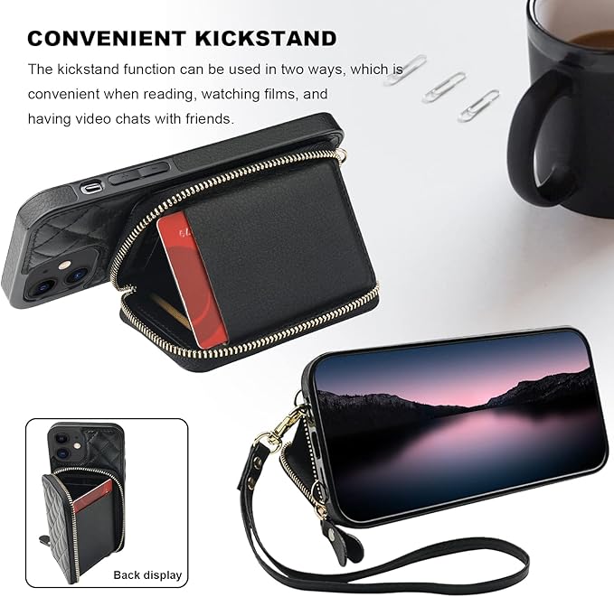 Bocasal Crossbody Wallet Case for iPhone 12/12 Pro, RFID Blocking PU Leather Zipper Handbag Purse Flip Cover, Kickstand Folio Case with Card Slots Holder Wrist Strap Lanyard 5G 6.1 Inch (Black)