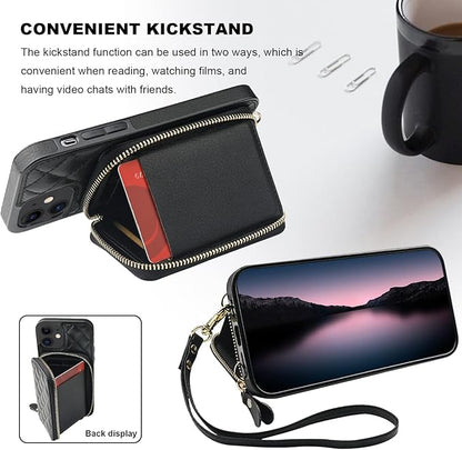 Bocasal Crossbody Wallet Case for iPhone 12/12 Pro, RFID Blocking PU Leather Zipper Handbag Purse Flip Cover, Kickstand Folio Case with Card Slots Holder Wrist Strap Lanyard 5G 6.1 Inch (Black)