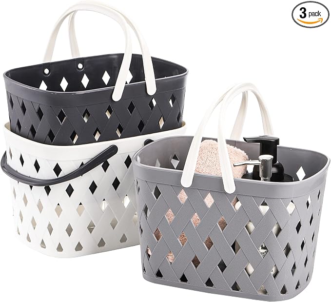 Hacaroa 3 Pack Portable Shower Caddy with Handles, Plastic Tote Storage Basket Toiletry Organizer Bin for Holding Soap, Shampoo, Cosmetics, Bathroom, College Dorm, Kitchen, Camp, Gym, 3 Colors